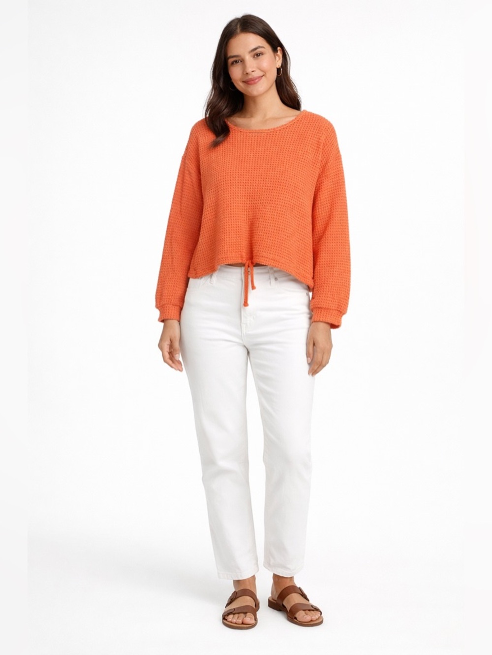 Elan Coral Orange Textured Knit Keyhole Sweater – Size Small